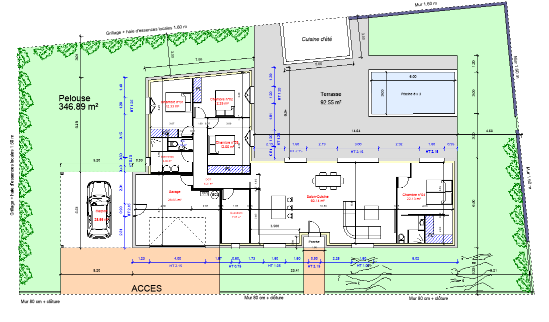 Plan de masse d’une maison avec garage, terrasse, piscine et accès